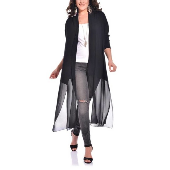 Valeria Fratta Long Sheer Duster Cardigan Black Open Front Long Sleeve Size 1-2 - Picture 1 of 8
